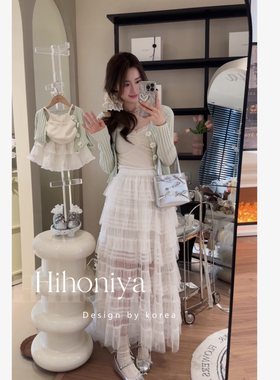 Spring韩国童装2024春款女童可爱白色法式网纱亲子群甜美蛋糕长裙