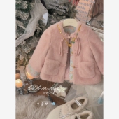 Spring韩国童装 盘扣提花女童羊羔毛外套 宝宝新中式 2025年冬季 新款