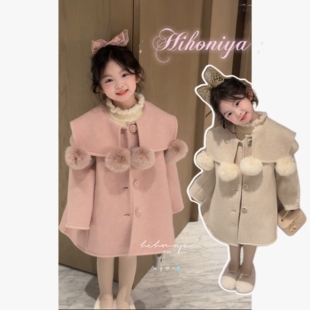 宝宝翻领兔毛球手工羊毛大衣女童外套 新款 Spring韩国童装 2026冬季
