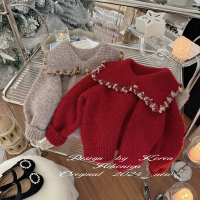 Spring韩国童装2024冬季亲子款海军领亮片韩版重工毛衣女童套头衫