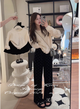 Spring韩国童装2024冬季新款精致时尚烫钻丝绒韩版阔腿裤妈妈款