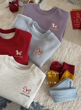 Spring韩国童装2025年冬季新款亲子刺绣小马加绒卫衣女童保暖T恤