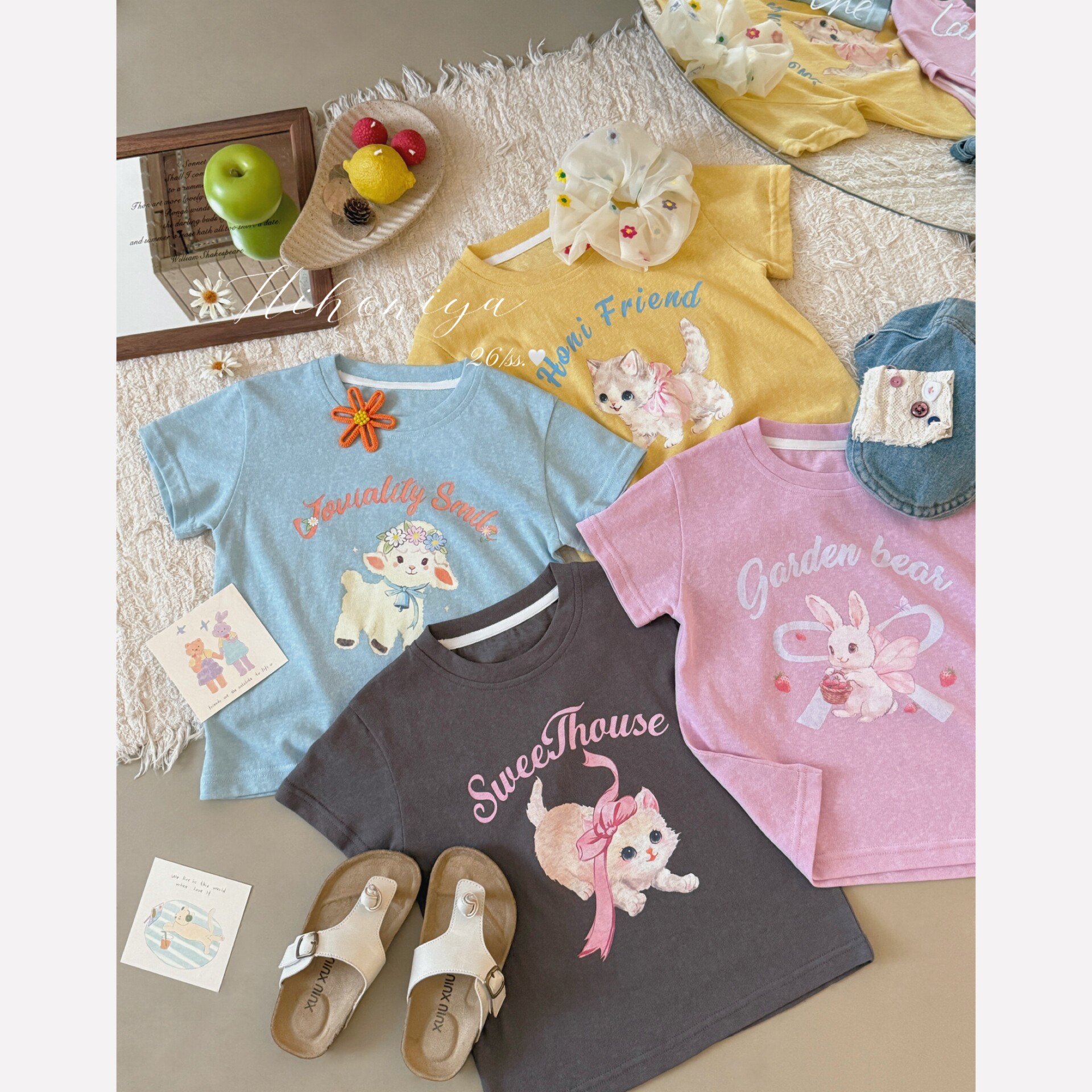 Spring韩国童装2026年夏季新款亲子卡通动物印花正肩短袖女童T恤