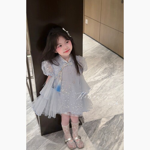 Spring韩国童装2026年夏季新款宝宝国风亮片刺绣网纱裙女童连衣裙