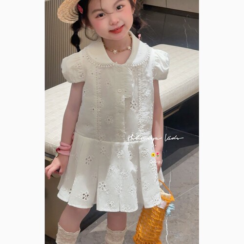 Spring韩国童装2026夏季新款亲子蕾丝泡泡袖镂空连衣裙女童公主裙