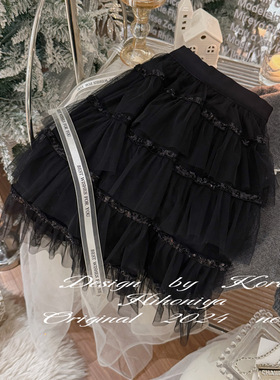 Spring韩国童装2024秋冬亲子款黑色网纱高级韩版半身裙女童百褶裙