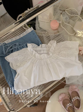 Spring韩国童装2025夏款儿童蕾丝花边领镂空飞袖内搭白色亲子上衣