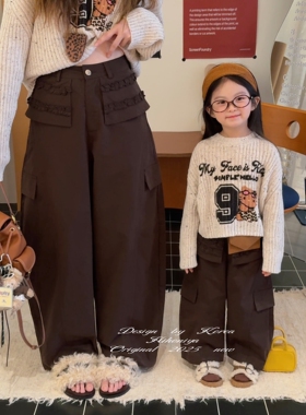 Spring韩国童装2025秋冬新款亲子褶皱荷叶边阔腿裤女童直筒休闲裤