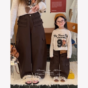 女童直筒休闲裤 亲子褶皱荷叶边阔腿裤 2025秋冬新款 Spring韩国童装