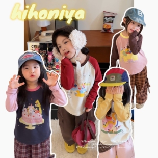 长袖 Spring韩国童装 宝宝卡通动物插肩袖 新款 T恤女童卫衣 2025秋季