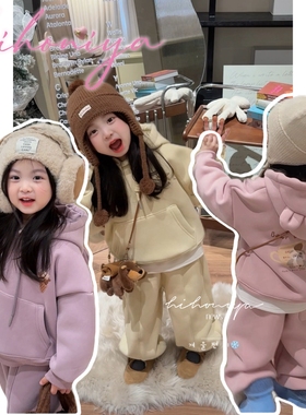 Spring韩国童装2025冬季新款宝宝小熊加绒加厚720g套装女童两件套