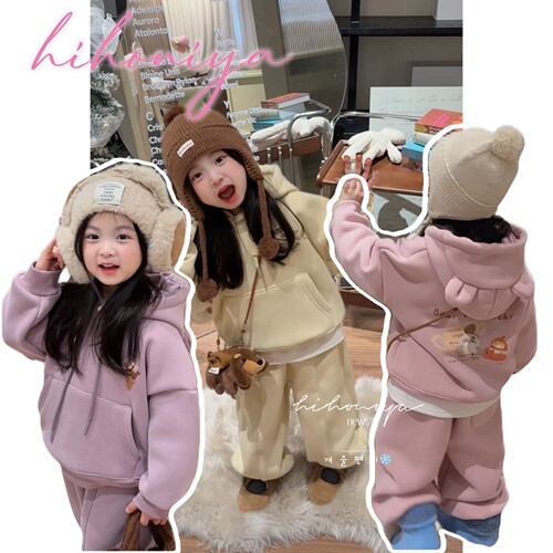 Spring韩国童装2025冬季新款宝宝小熊加绒加厚720g套装女童两件套