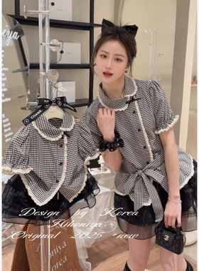 Spring韩国童装2025夏季新款亲子款格子复古韩版短袖女童圆领T恤