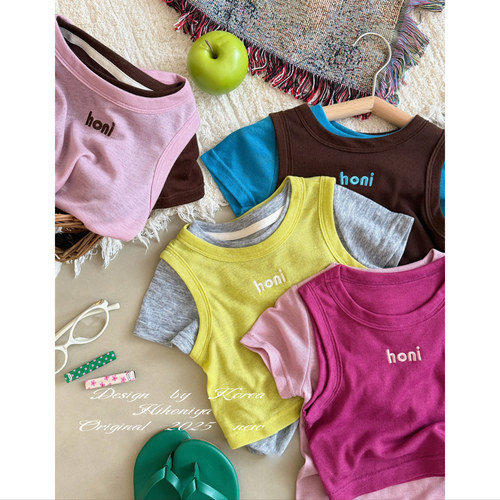 Spring韩国童装2025夏季新款亲子真两件撞色透气短袖女童圆领T恤