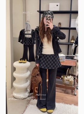 Spring韩国童装2025秋冬新款亲子格纹微喇休闲裤女童长袖开衫外套