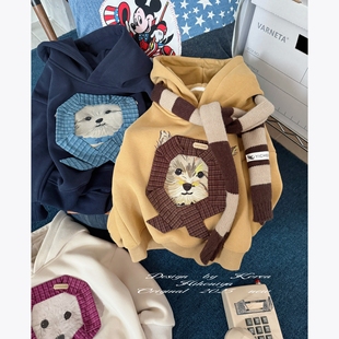 Spring韩国童装 亲子小狗加绒卫衣女童连帽加厚外套 2025年秋冬新款