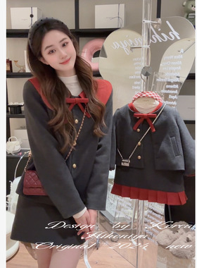 Spring韩国童装2024秋冬新款气质小香风红灰呢子套装韩版亲子款
