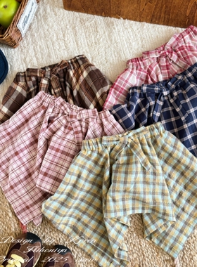 Spring韩国童装2025秋季新款亲子蝴蝶结格子洋气屁帘女童裤子配饰