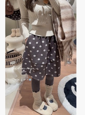 Spring韩国童装2025冬季新款亲子毛呢花朵花苞加绒半身裙女童裙子