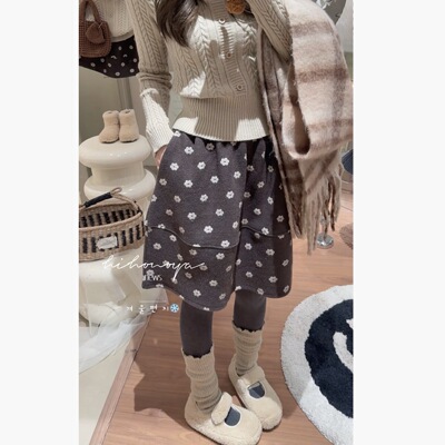 Spring韩国童装2025冬季新款亲子毛呢花朵花苞加绒半身裙女童裙子