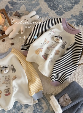 Spring韩国童装2025年冬季新款亲子小狗条纹加绒卫衣女童保暖T恤