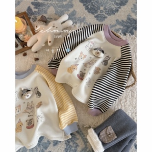 亲子小狗条纹加绒卫衣女童保暖T恤 新款 Spring韩国童装 2025年冬季