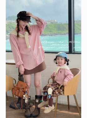 Spring韩国童装2025年秋季新款亲子小马翻领亚麻衬衫女童长袖衬衣