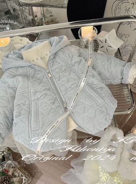 Spring韩国童装2024冬季新款百搭显白蓝色菱格连帽羽绒服韩版亲子