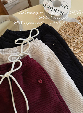 Spring韩国童装2024冬季亲子款纯色条纹保暖宽松直筒裤女童休闲裤