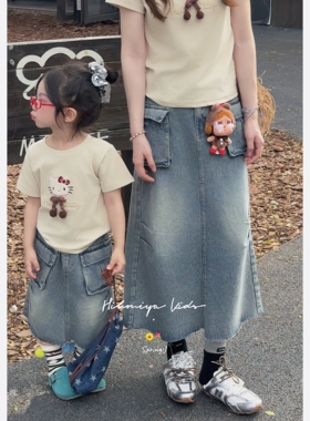 Spring韩国童装2026春季新款亲子复古A字裙显瘦牛仔裙女童半身裙