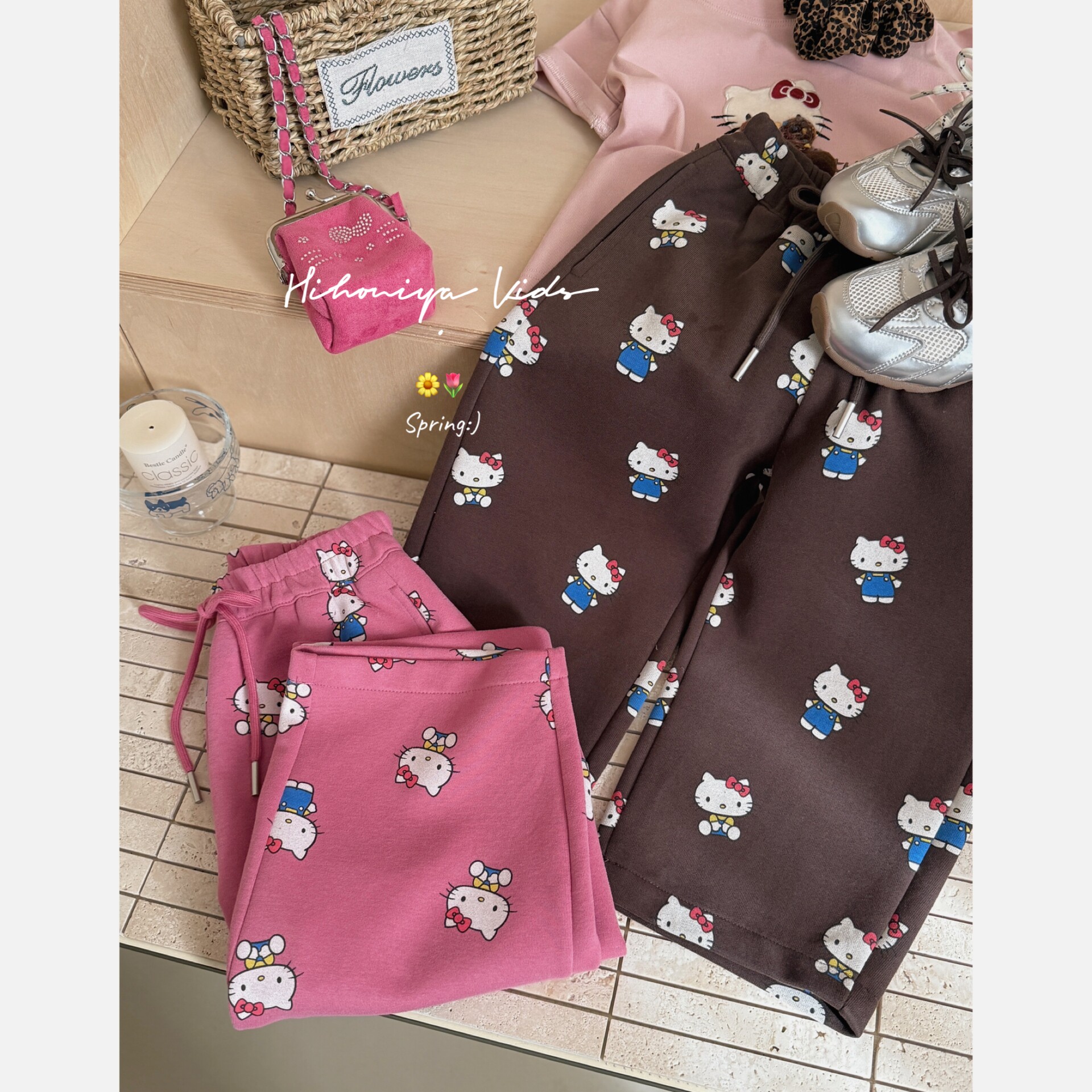 Spring韩国童装2026春季新款亲子甜美KT猫印花女童宽松休闲直筒裤