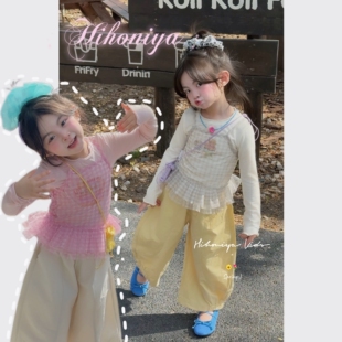 Spring韩国童装 新款 宝宝格子网纱吊带洋气套装 女童两件套 2026春季