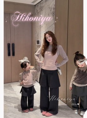 Spring韩国童装2026春季新款亲子真两件丝绒蝴蝶结套装女童两件套