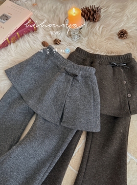 Spring韩国童装2025年冬季新款亲子羊毛加绒屁帘喇叭裤女童休闲裤