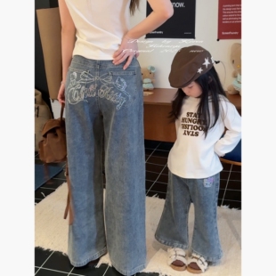女童直筒休闲裤 Spring韩国童装 亲子烫钻Kitty牛仔裤 新款 2025秋季