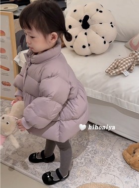 Spring韩国童装2024年冬季新款纯色立领蓬蓬长款羽绒服韩版宝宝款