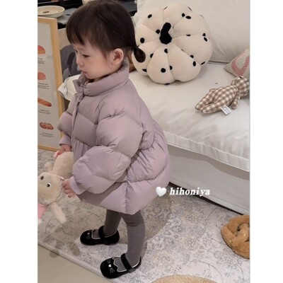 Spring韩国童装2024年冬季新款纯色立领蓬蓬长款羽绒服韩版宝宝款