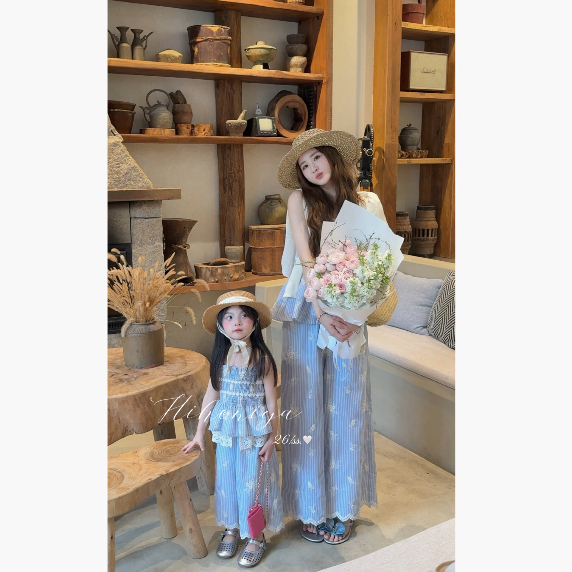 Spring韩国童装2026夏季新款亲子高级蓝色条纹甜美套装女童两件套