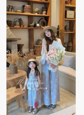 Spring韩国童装2026夏季新款亲子高级蓝色条纹甜美套装女童两件套