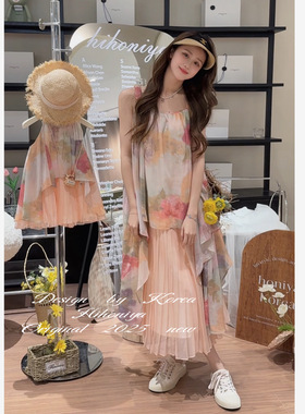 Spring韩国童装2025夏季新款亲子法式油画度假连衣裙女童夏天裙子