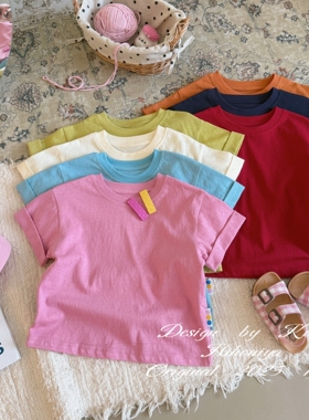 Spring韩国童装2025年夏季新款亲子纯色透气短袖女童圆领套头T恤