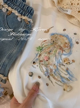 Spring韩国童装2025夏季新款亲子立体五角星水母短袖女童圆领T恤