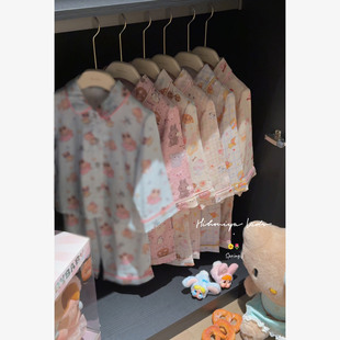 Spring韩国童装2026年春秋新款亲子卡通亲肤纯棉纱家居服女童睡衣
