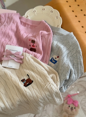 Spring韩国童装2026年春季新款亲子卡通刺绣纯棉针织上衣女童毛衣