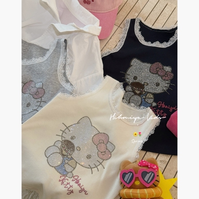 Spring韩国童装2026春夏新款亲子凯蒂烫钻蕾丝边吊带女童无袖背心