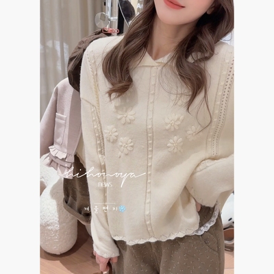 Spring韩国童装2025秋冬新款亲子花朵浮雕手工钩花毛衣女童针织衫