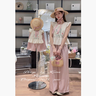 Spring韩国童装2025年夏季新款亲子棉麻刺绣小飞袖套装女童两件套