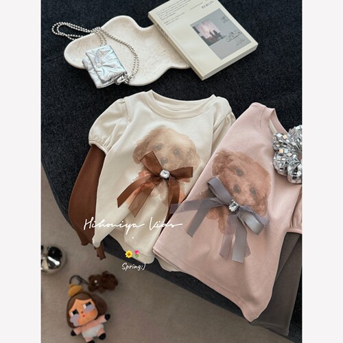Spring韩国童装2026年春季新款亲子蝴蝶结亮钻假两件上衣女童T恤