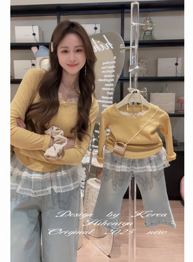 Spring韩国童装2025春季亲子款纯色蕾丝边韩版上衣女童打底针织衫