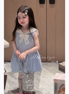 Spring韩国童装2026夏季新款宝宝清新海军领格子花苞裙女童连衣裙